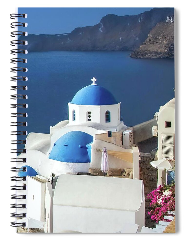 Santorini Spiral Notebook featuring the photograph Oia Santorini Blue Domes by Rebecca Herranen