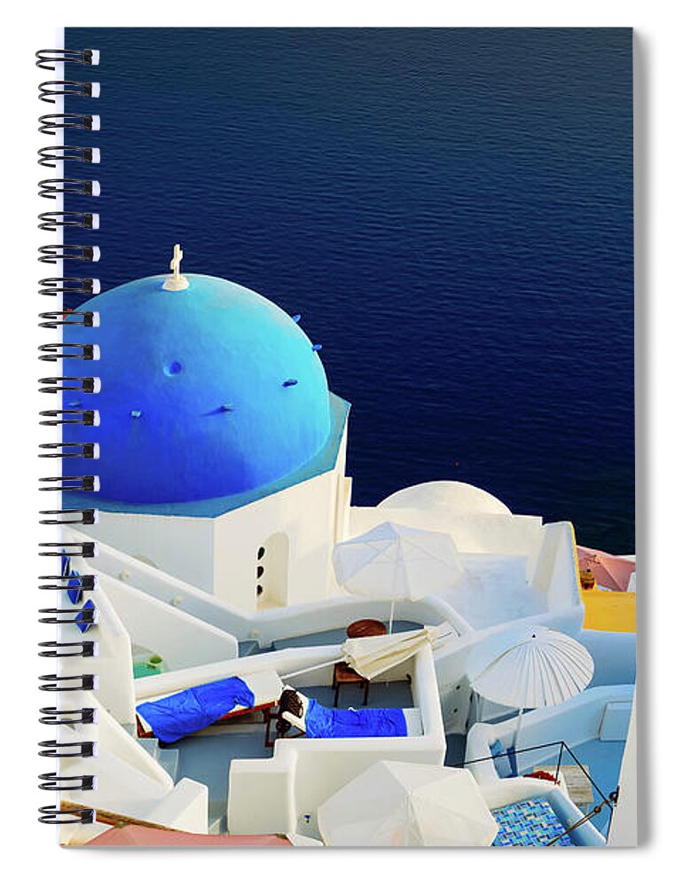 Santorini Spiral Notebook featuring the photograph Oia, traditional greek village portrait by Anastasy Yarmolovich