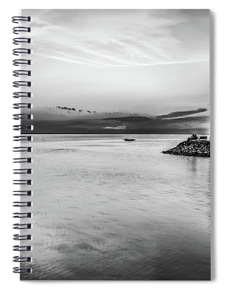 Oklahoma City Spiral Notebook featuring the photograph Oklahoma City Lake Hefner Lighthouse Panorama - Black and White by Gregory Ballos