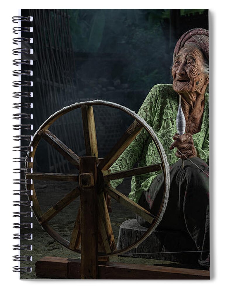 Wheel Spiral Notebook featuring the photograph Old Balinese lady with her spinning wheel by Anges Van der Logt
