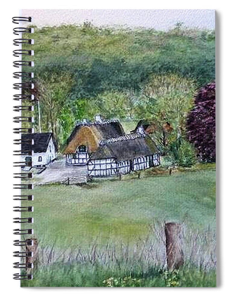 Landscape In Denmark Spiral Notebook featuring the painting Old Danish Farm House by Kelly Mills