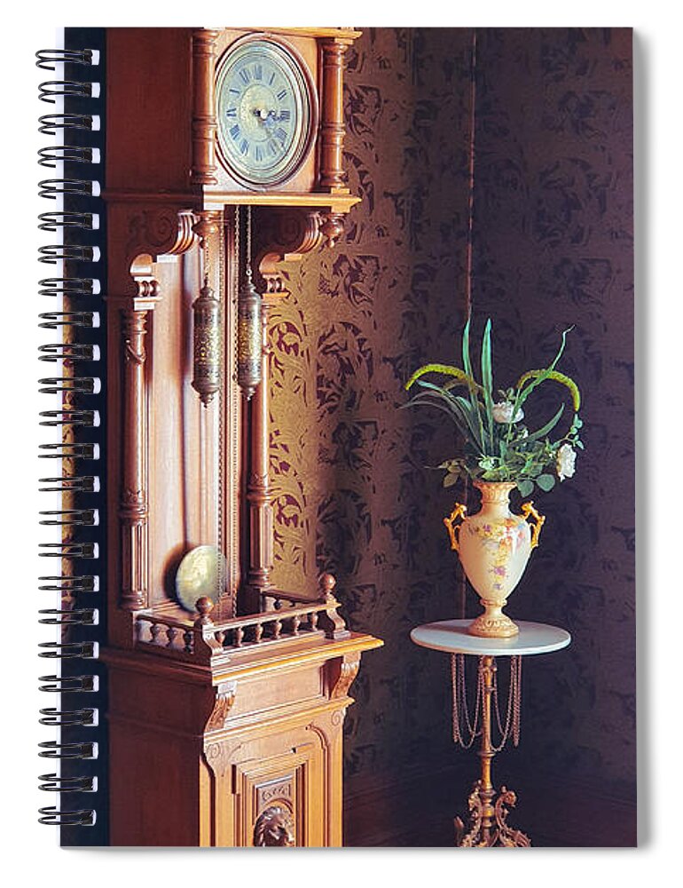 Antique Spiral Notebook featuring the photograph Old fashioned grandfather clock and antique vase by Mendelex Photography