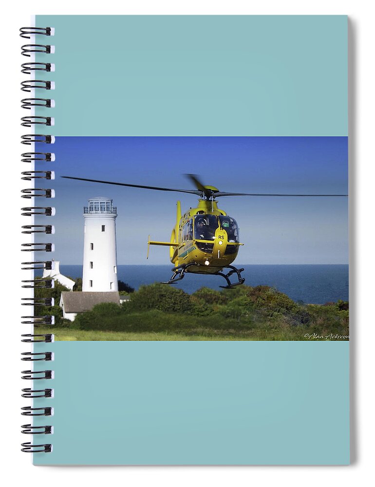 Helicopter Spiral Notebook featuring the photograph Old Lighthouse and Helicopter by Alan Ackroyd