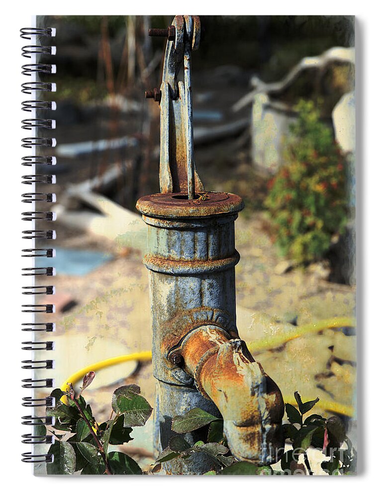 Garden Spiral Notebook featuring the mixed media Old Pump in Garden by Kae Cheatham