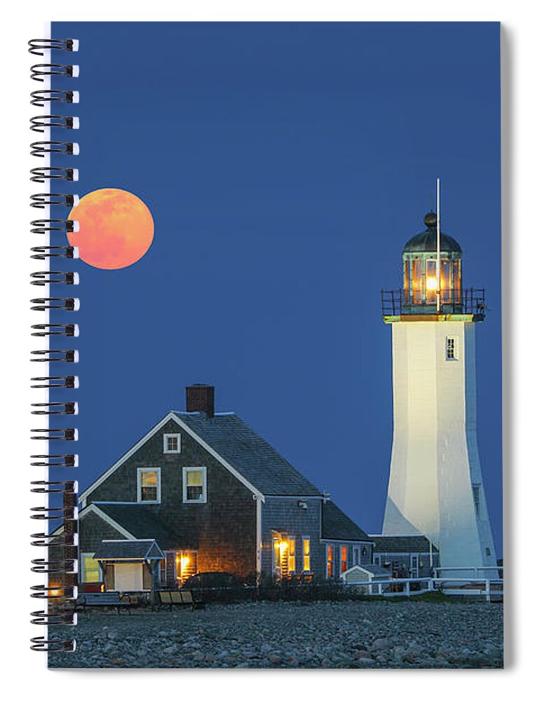Old Scituate Lighthouse Spiral Notebook featuring the photograph Old Scituate Lighthouse with Full Moon by Juergen Roth