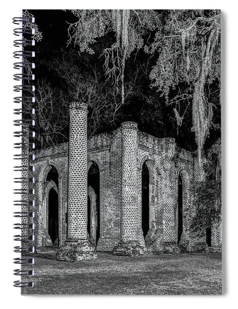 B&w Spiral Notebook featuring the photograph Old Sheldon Church At Night by Charles Hite
