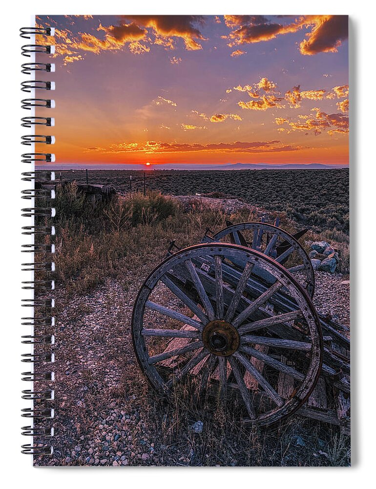 El Prado Spiral Notebook featuring the photograph Old Wooden Wheels Left Behind on a Trail by Debra Martz