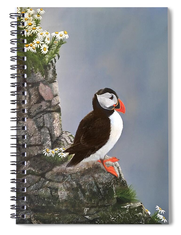 Puffin Spiral Notebook featuring the painting On The Edge by Marlene Little