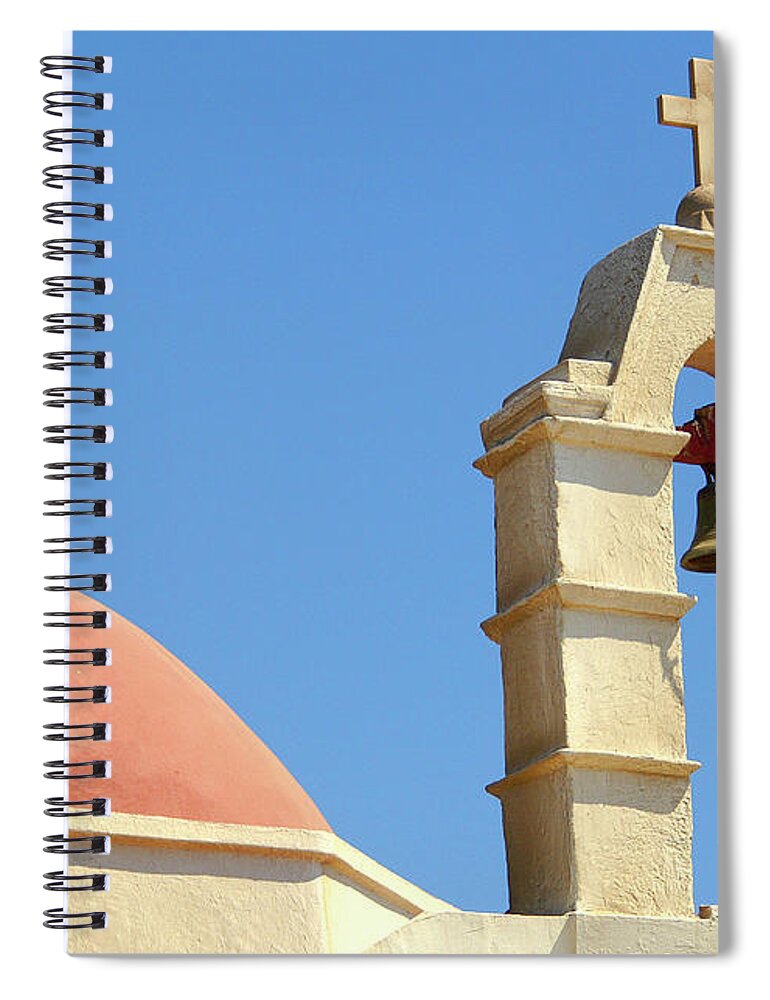 Santorini Spiral Notebook featuring the photograph One of the many churches on Santorini with a single church bell. by Gunther Allen