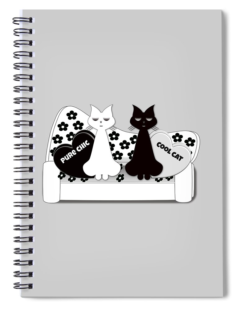 Vintage Spiral Notebook featuring the digital art Black and White Cats on a Fifties Style Vintage Sofa by Barefoot Bodeez Art