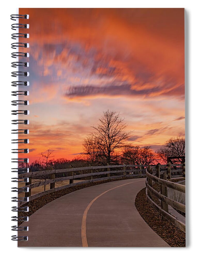 Orange Skies Spiral Notebook featuring the photograph Orange Sunset Delight Over The Arkansas Razorback Regional Greenway by Gregory Ballos