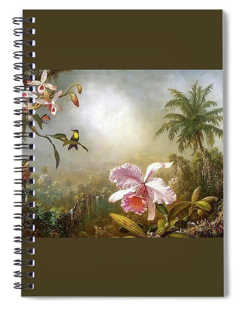 Martin Johnson Heade Spiral Notebook featuring the painting Orchids Nesting Hummingbirds And A Butterfly by Martin Johnson Heade