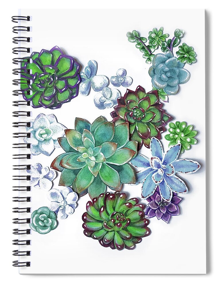 Succulent Spiral Notebook featuring the painting Organic Succulent Plants Garden Watercolor Art Decor by Irina Sztukowski