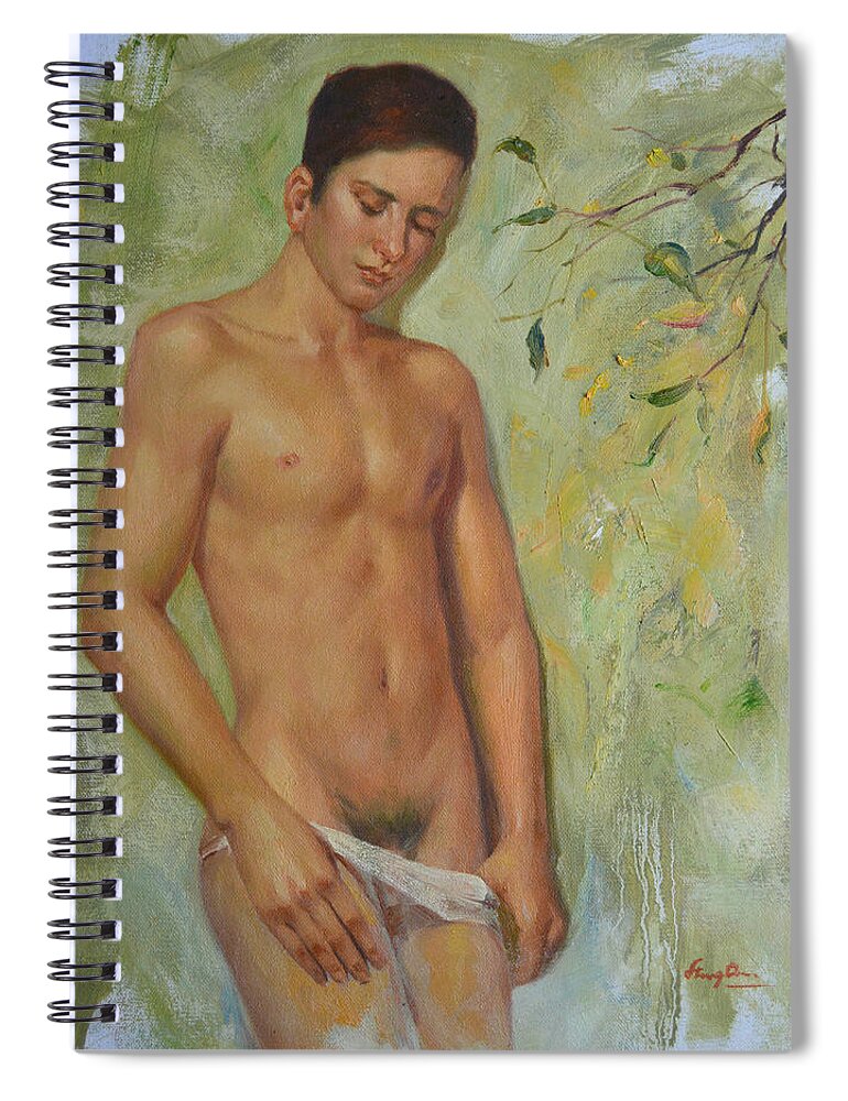 Original. Oil Painting Art Spiral Notebook featuring the painting Original man oil painting gay body art-young male nude in the autumn by Hongtao Huang