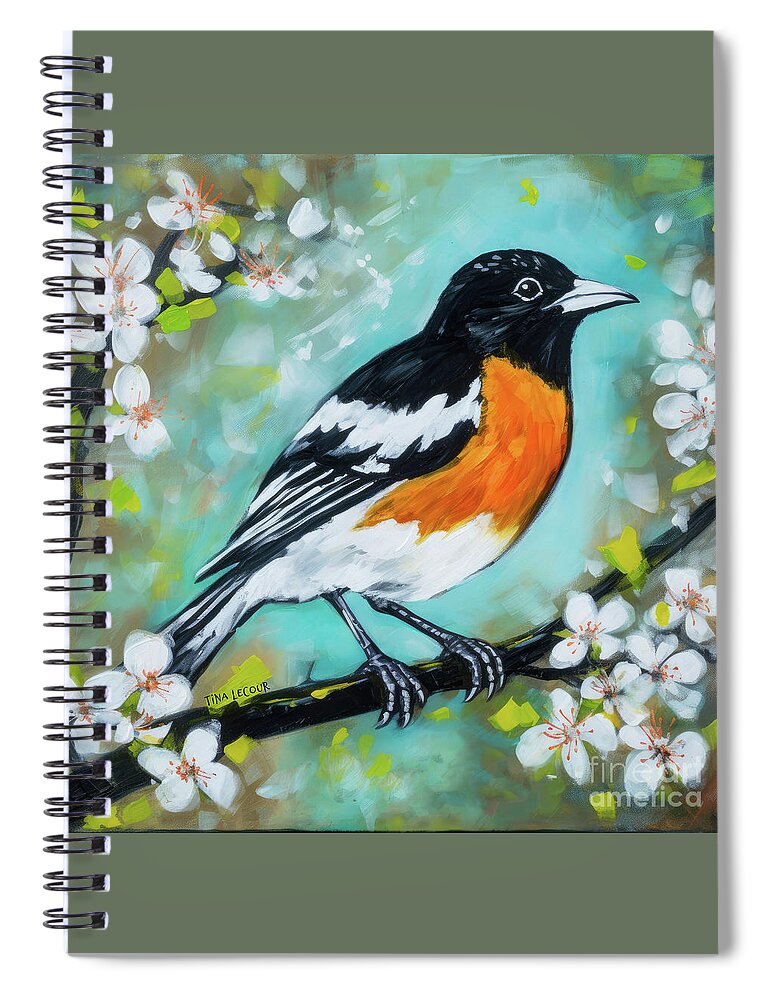 Balitmore Oriole Spiral Notebook featuring the painting Oriole In The Blossoms by Tina LeCour