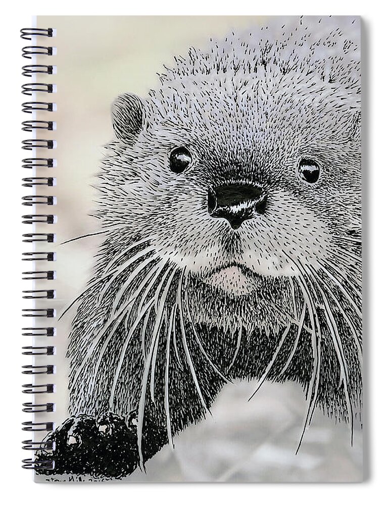 Otter Spiral Notebook featuring the mixed media Otter approaching, mixed media. by Tony Mills