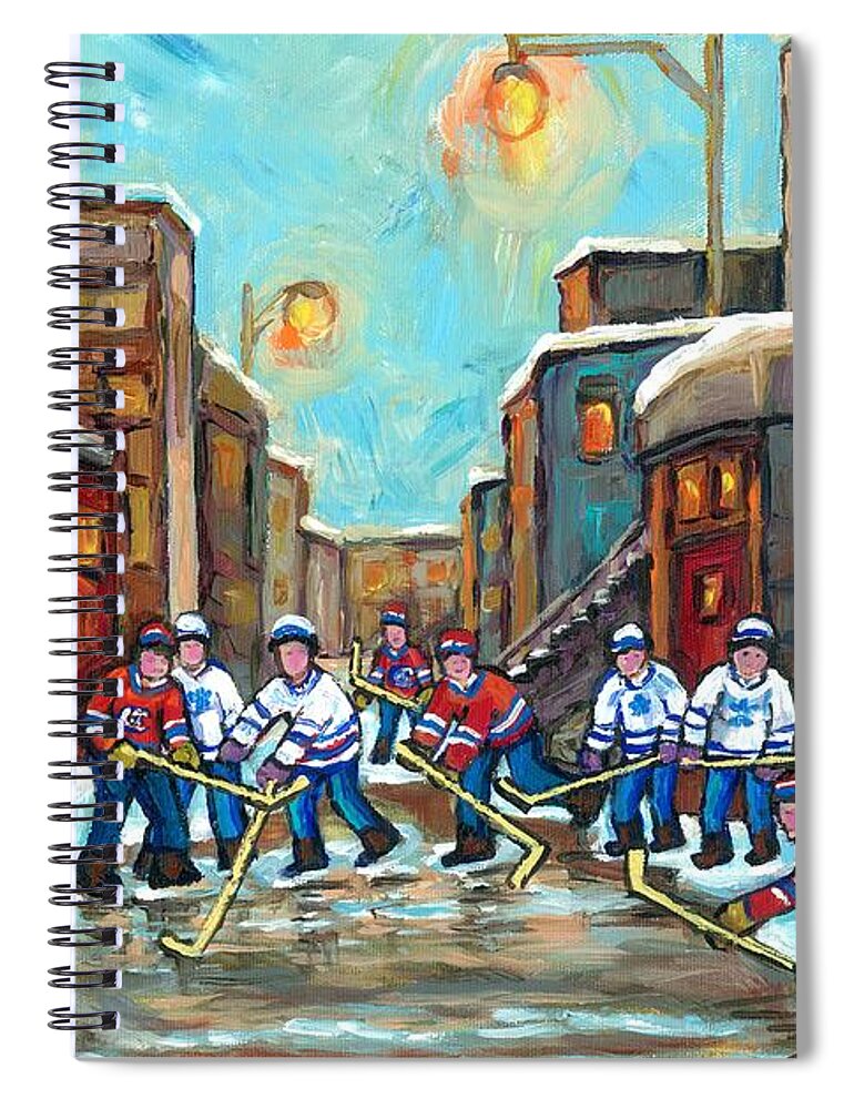 Montreal Spiral Notebook featuring the painting Outremont Back Lanes Hockey Park Ex To Rosemont To Verdun Kids Winter Fun Montreal Artist C Spandau by Carole Spandau