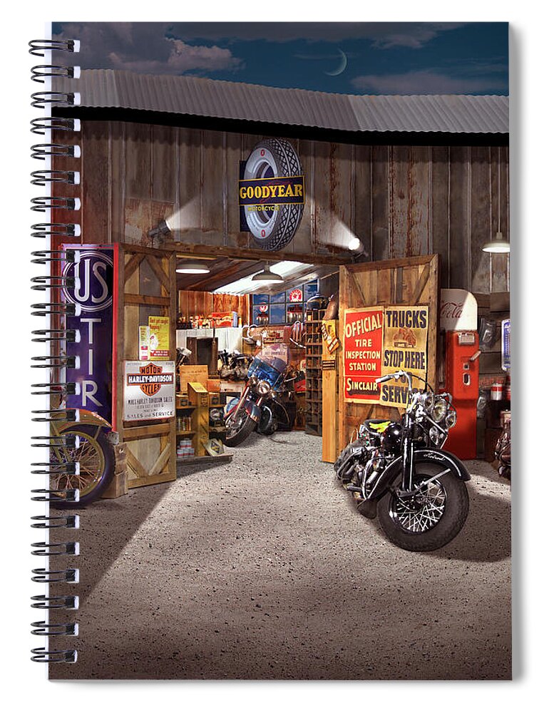 Motorcycle Shop Spiral Notebook featuring the photograph Outside the Motorcycle Shop by Mike McGlothlen