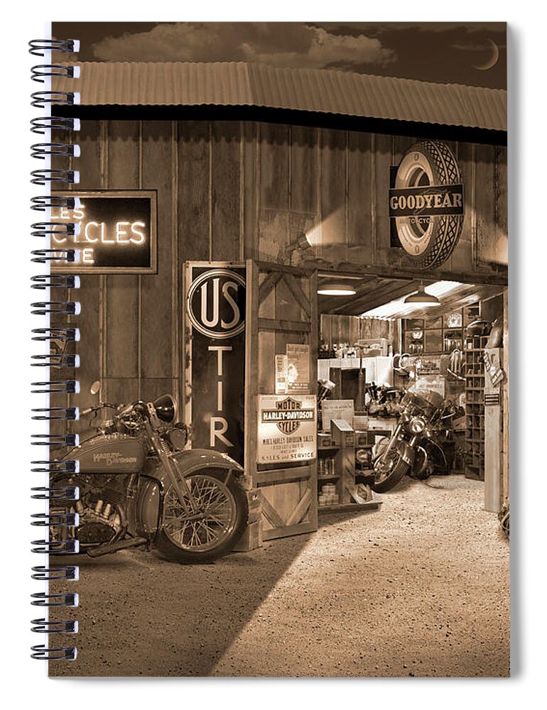 Motorcycle Spiral Notebook featuring the photograph Outside The Old Motorcycle Shop - Spia by Mike McGlothlen