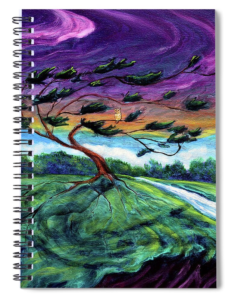 Cypress Tree Spiral Notebook featuring the painting Owl in a Windswept Cypress by Laura Iverson