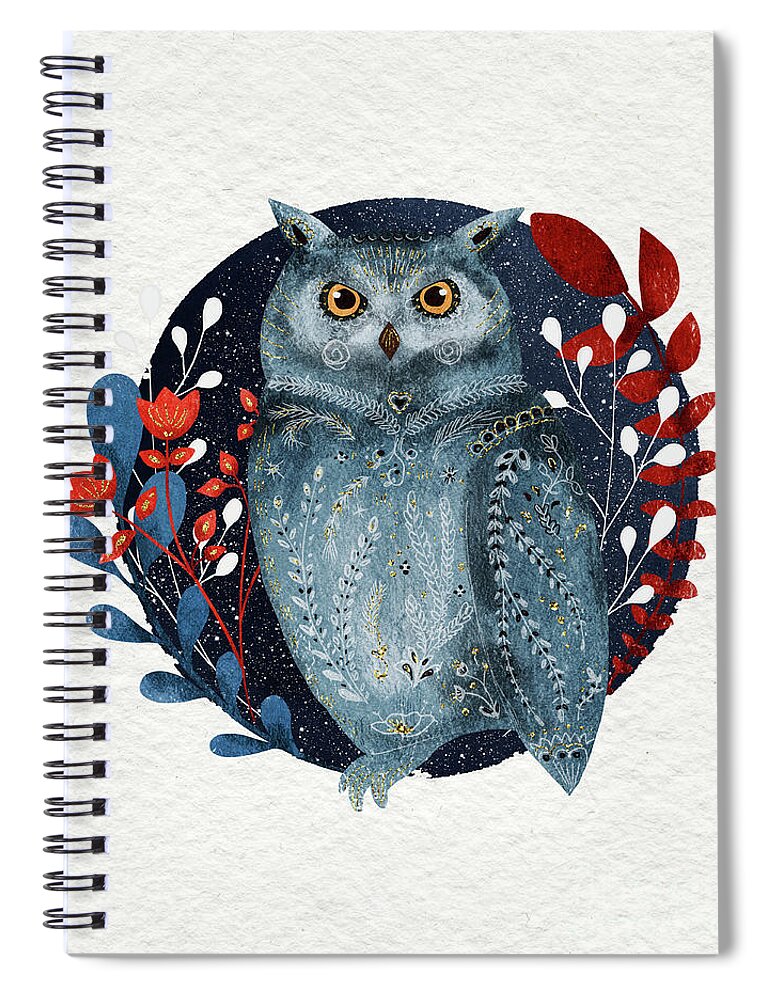 Owl Spiral Notebook featuring the painting Owl With Flowers by Modern Art