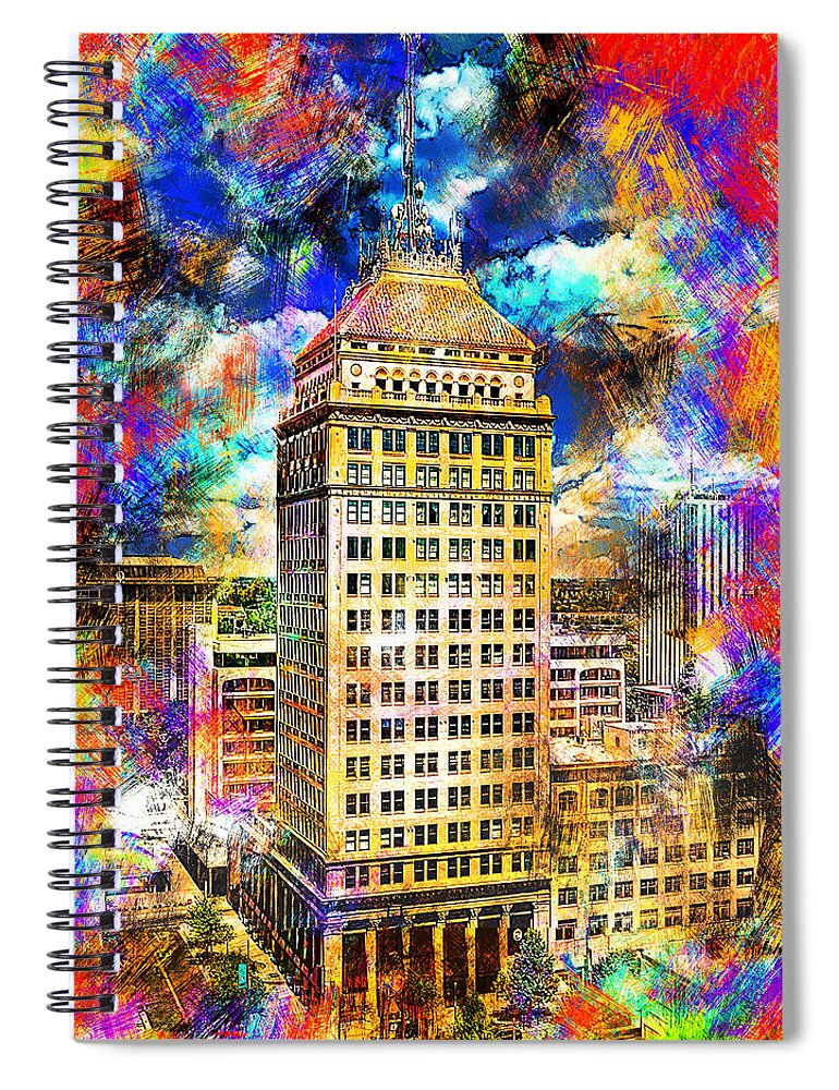 Pacific Southwest Building Spiral Notebook featuring the digital art Pacific Southwest Building in Fresno - colorful painting by Nicko Prints