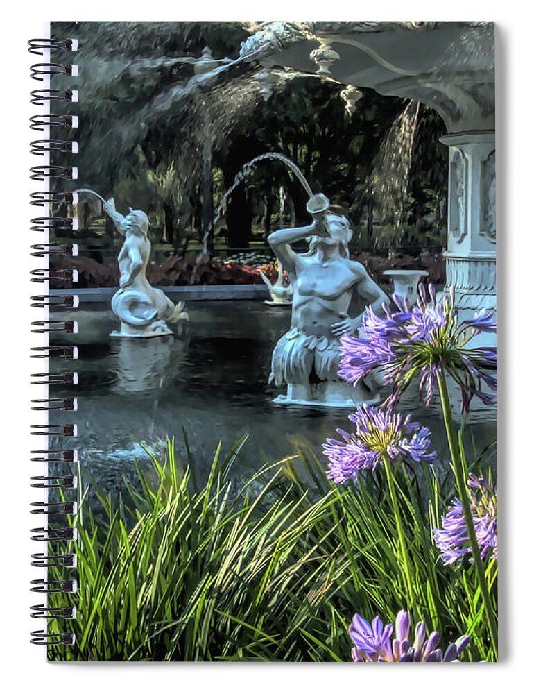 Forsyth Spiral Notebook featuring the photograph Painted Flowers at Forsyth Park Fountain by Amy Dundon