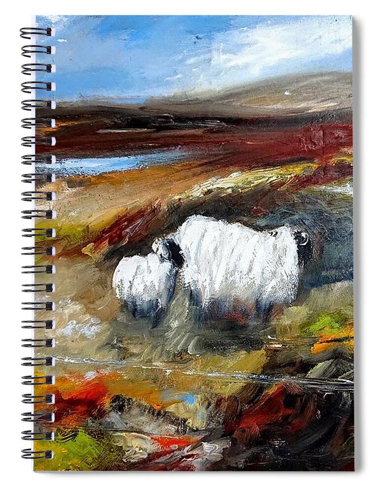 Connemara Sheep Spiral Notebook featuring the painting Painting of connemara sheep by the lakes of connemara by Mary Cahalan Lee - aka PIXI