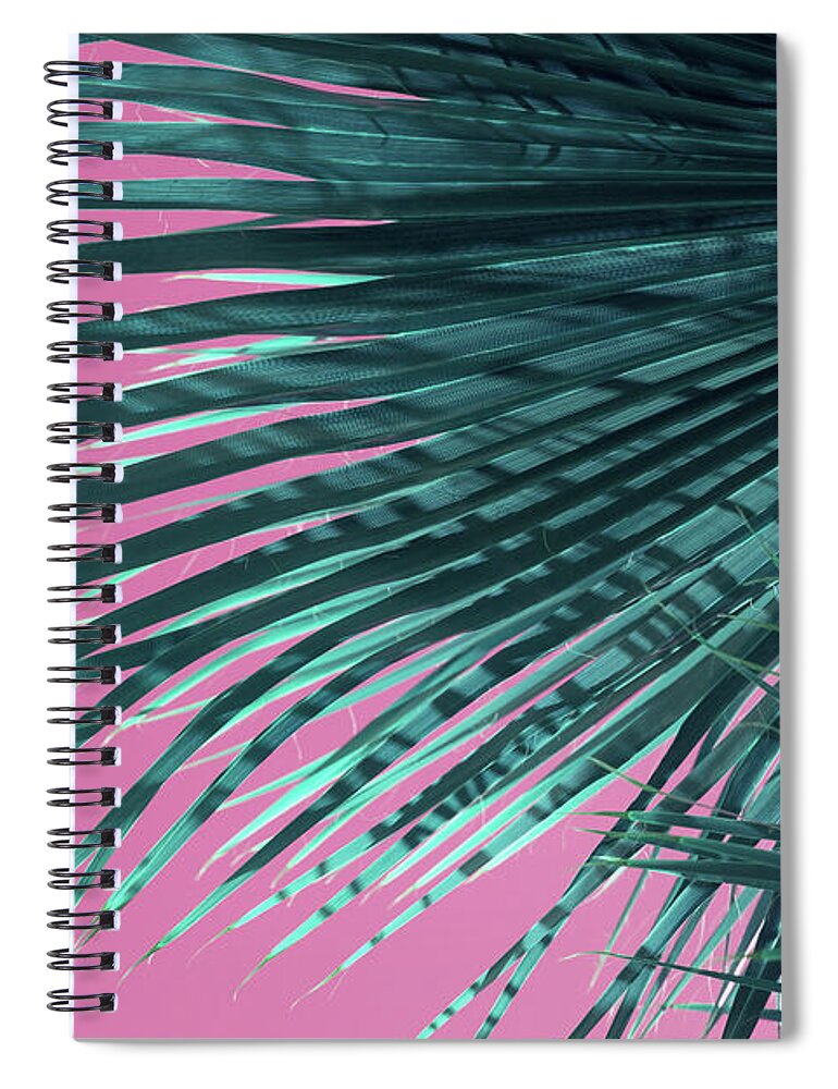 Palm Leaf Spiral Notebook featuring the photograph Palm frond and pink sky, summer on the beach by Adriana Mueller