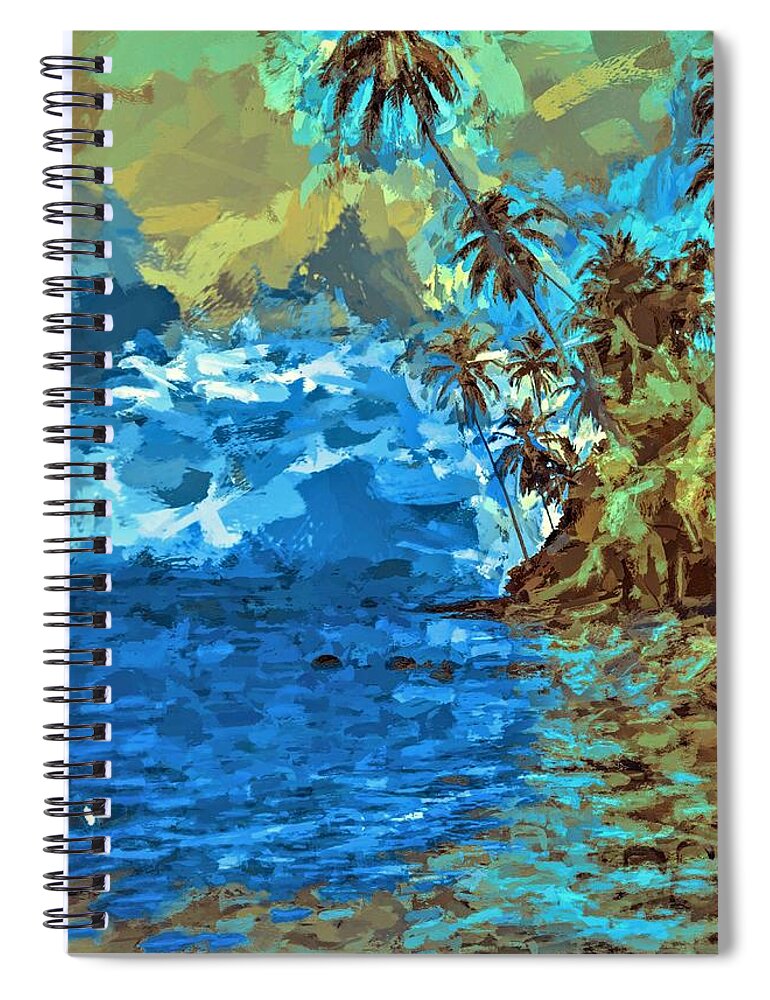 Liapari Spiral Notebook featuring the mixed media Palms Over Water Liapari Island in Solomon Islands by Joan Stratton
