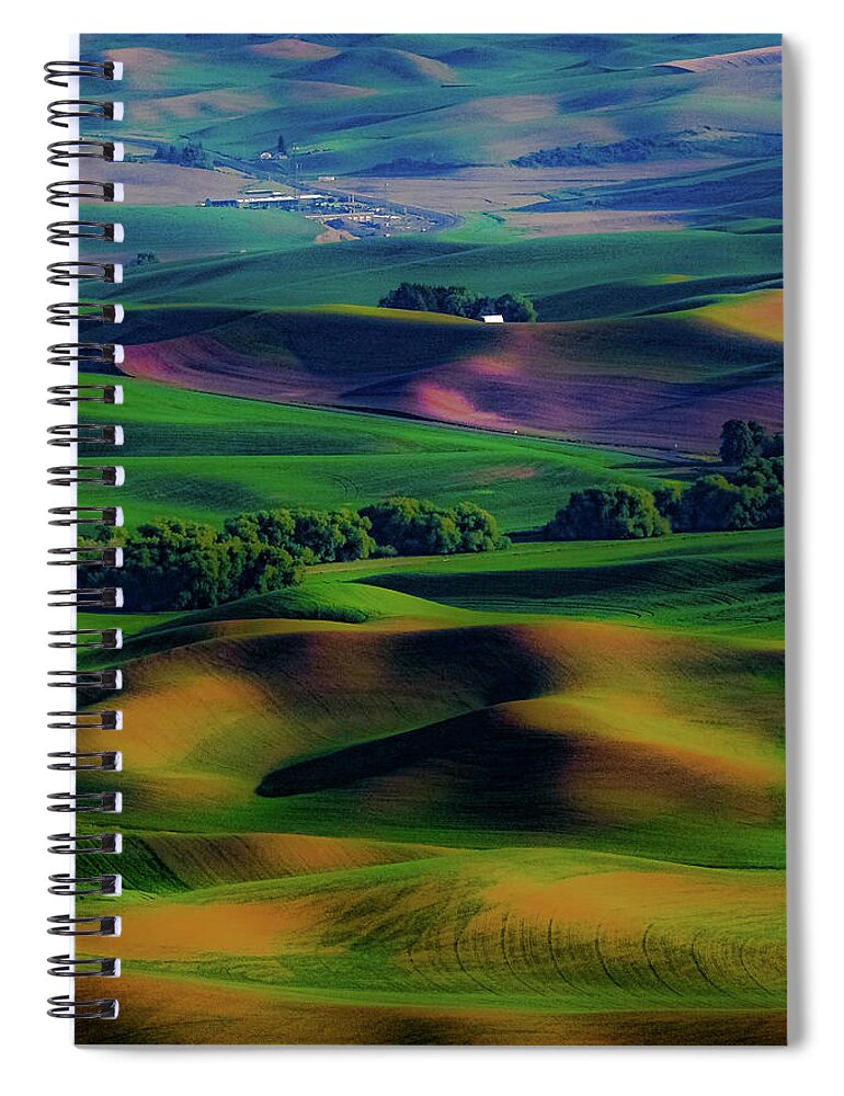 Palouse; Steptoe Butte; Rolling Hills; Farmland; Nature; Spring; Steptoe Butte State Park; Eastern Washington; Pnw; Hills; Wheat Fields Spiral Notebook featuring the photograph Palouse Hues by Emerita Wheeling