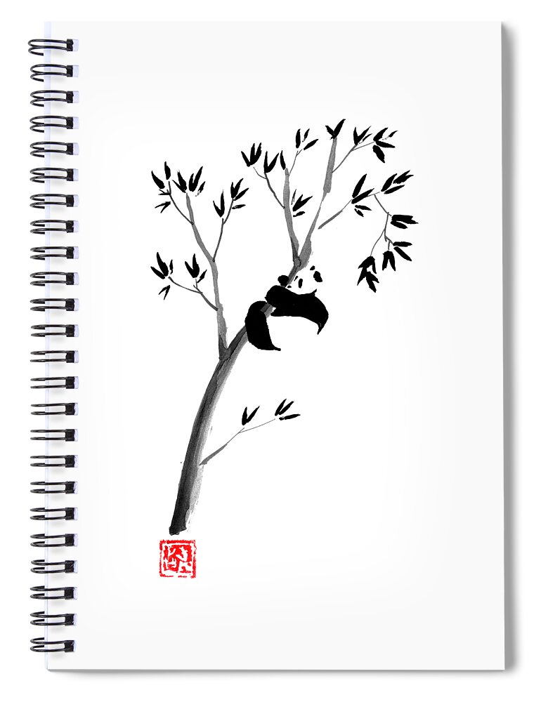 Panda Spiral Notebook featuring the drawing Panda In His Tree 02 by Pechane Sumie