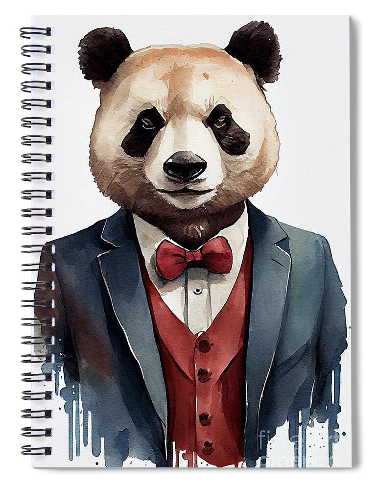 Panda Spiral Notebook featuring the painting Panda in Suit Watercolor Hipster Animal Retro Costume by Jeff Creation