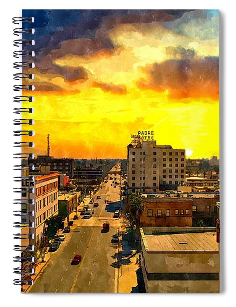 Bakersfield Spiral Notebook featuring the digital art Panorama of downtown Bakersfield, California - watercolor painting by Nicko Prints