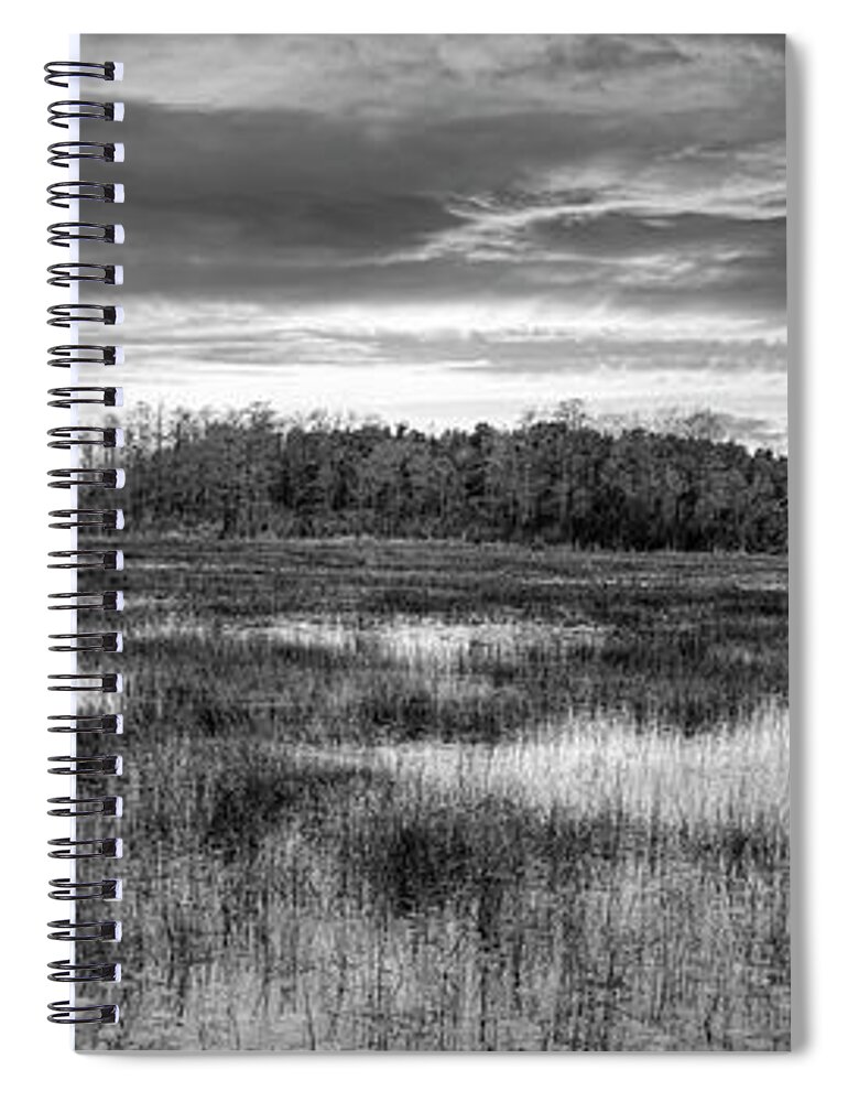 Clouds Spiral Notebook featuring the photograph Panorama Overlooking the Marsh Black and White by Debra and Dave Vanderlaan