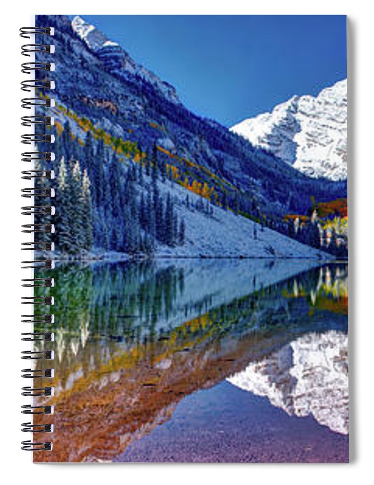 Maroon Bells Spiral Notebook featuring the photograph The Maroon Bells Panorama Sunrise over The Rocky Mountains in Colorado's Maroon Bells by Lena Owens - OLena Art Vibrant Palette Knife and Graphic Design