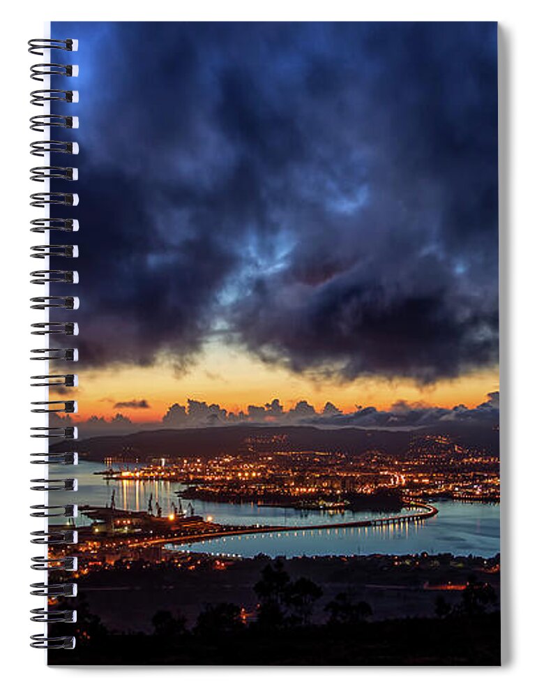 Port Spiral Notebook featuring the photograph Panoramic View of Ferrol Estuary with Bridge and Shipyards Stormy Sky at Dusk La Corua Galicia by Pablo Avanzini