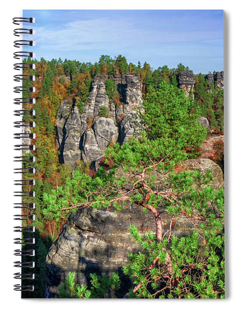 Saxon Switzerland Spiral Notebook featuring the photograph Panoramic view of the Elbe Sandstone Mountains by Sun Travels
