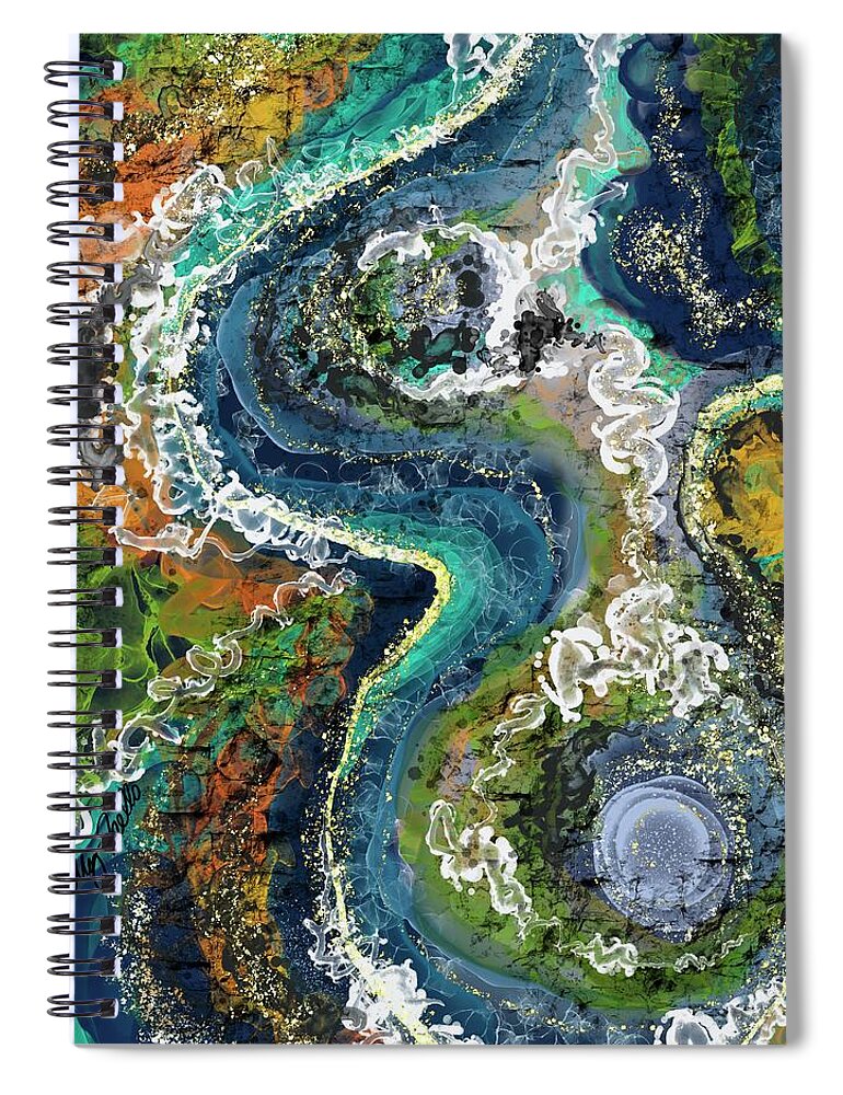 Paradise Agate Geode Earth Crystal Layers Minerals Stone Elements Land Water World Rivers Streams Golden Flecks Clouds Colorful Lost Wander Wonder Explore Create Believe Love Natural Organic Spiral Notebook featuring the painting Paradise Agate by Megan Torello
