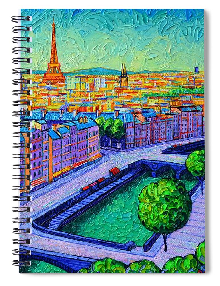 Paris Spiral Notebook featuring the painting PARIS DAWN VIEW FROM NOTRE DAME TOWERS commissioned painting abstract cityscape Ana Maria Edulescu by Ana Maria Edulescu