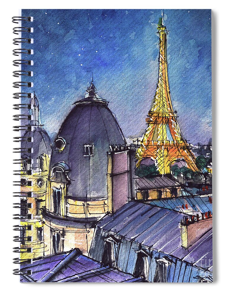 Paris Rooftops Spiral Notebook featuring the painting PARIS ROOFTOPS IN THE SOFTLY STARLIT EVENING watercolor painting Mona Edulesco by Mona Edulesco