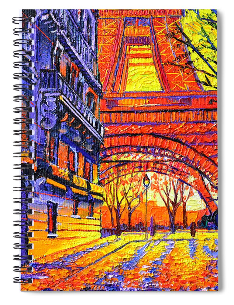 Paris Spiral Notebook featuring the painting PARIS SUNSET ON AVENUE SILVESTRE DE SACY commissioned knife oil painting detail Ana Maria Edulescu by Ana Maria Edulescu