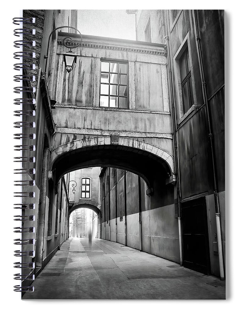 Lyon Spiral Notebook featuring the photograph Passageways of Historic Lyon France Black and White by Carol Japp