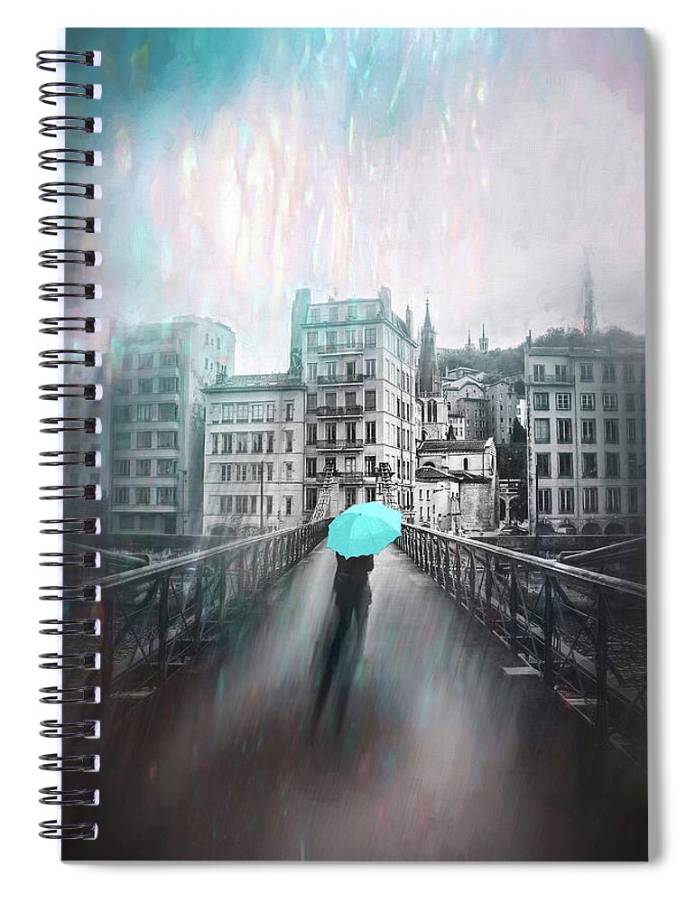 Lyon Spiral Notebook featuring the photograph Passerelle Saint Vincent Lyon France Rainy Shades of Blue by Carol Japp