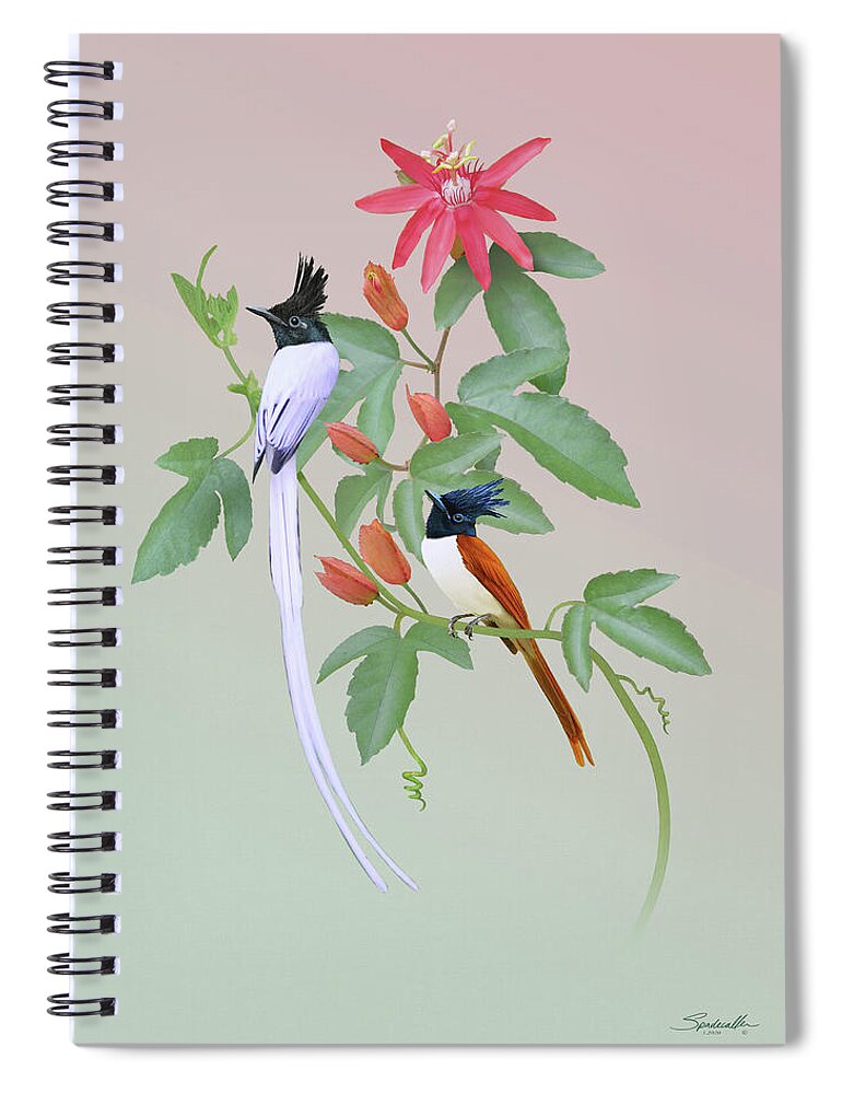 Birds Spiral Notebook featuring the digital art Passion Flower and Flycatchers by M Spadecaller