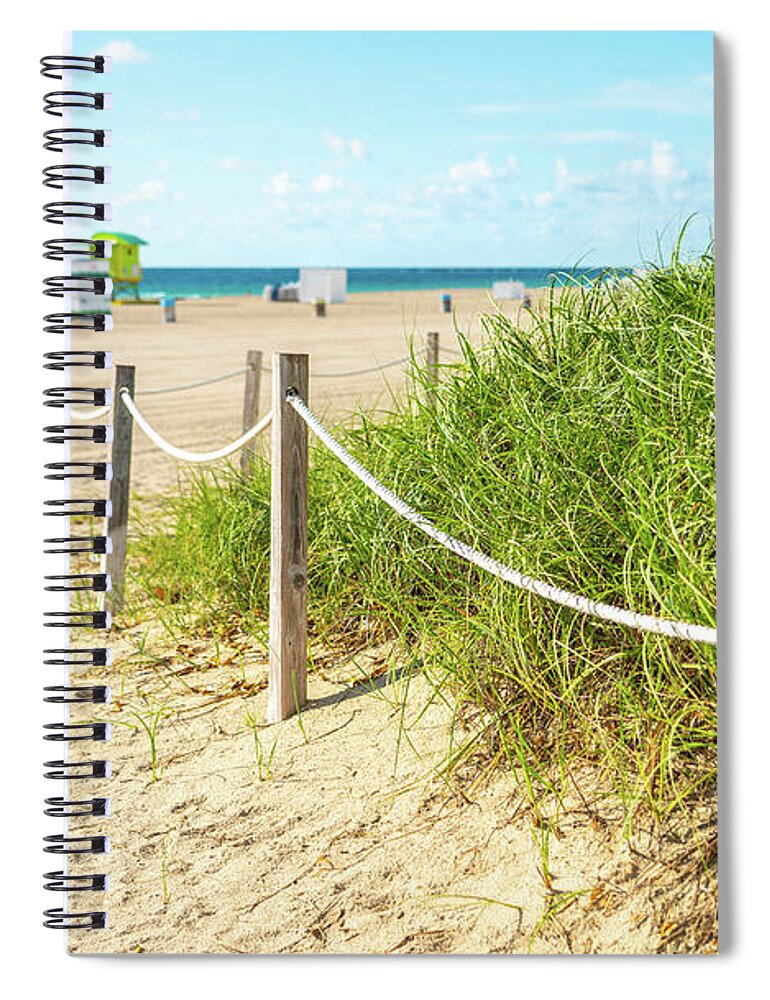 Beach Spiral Notebook featuring the photograph Pathway to the beach in Miami Florida with ocean background by Maria Kray