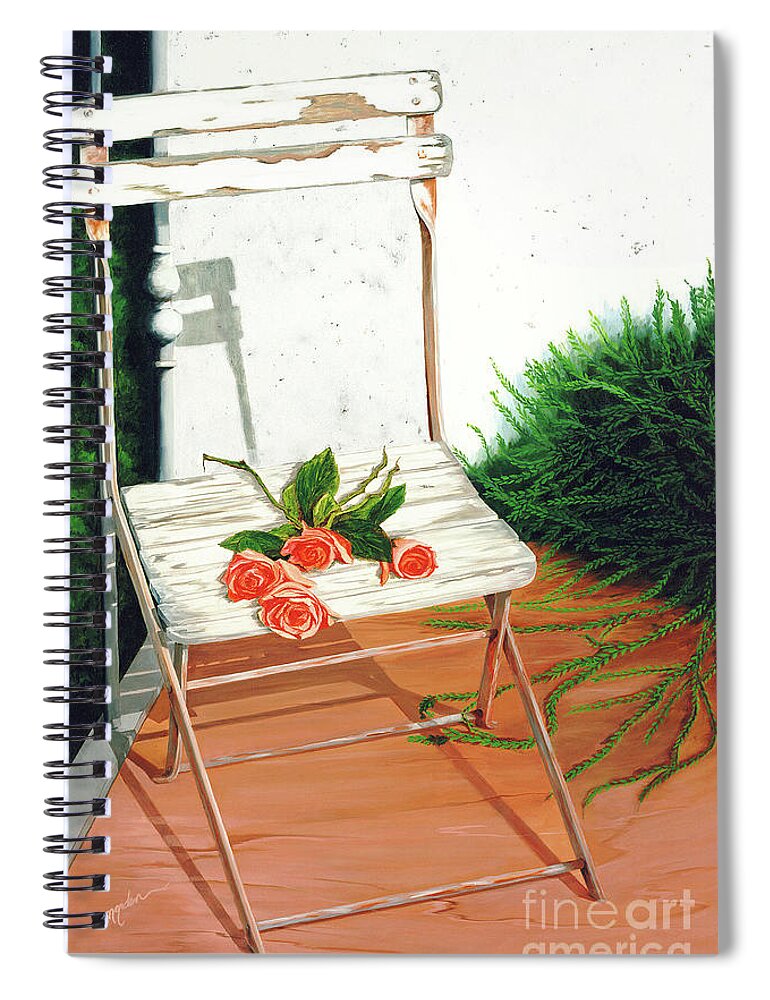 Single Chairs Spiral Notebook featuring the painting PATIO ROSE - prints of Oil Painting by Mary Grden