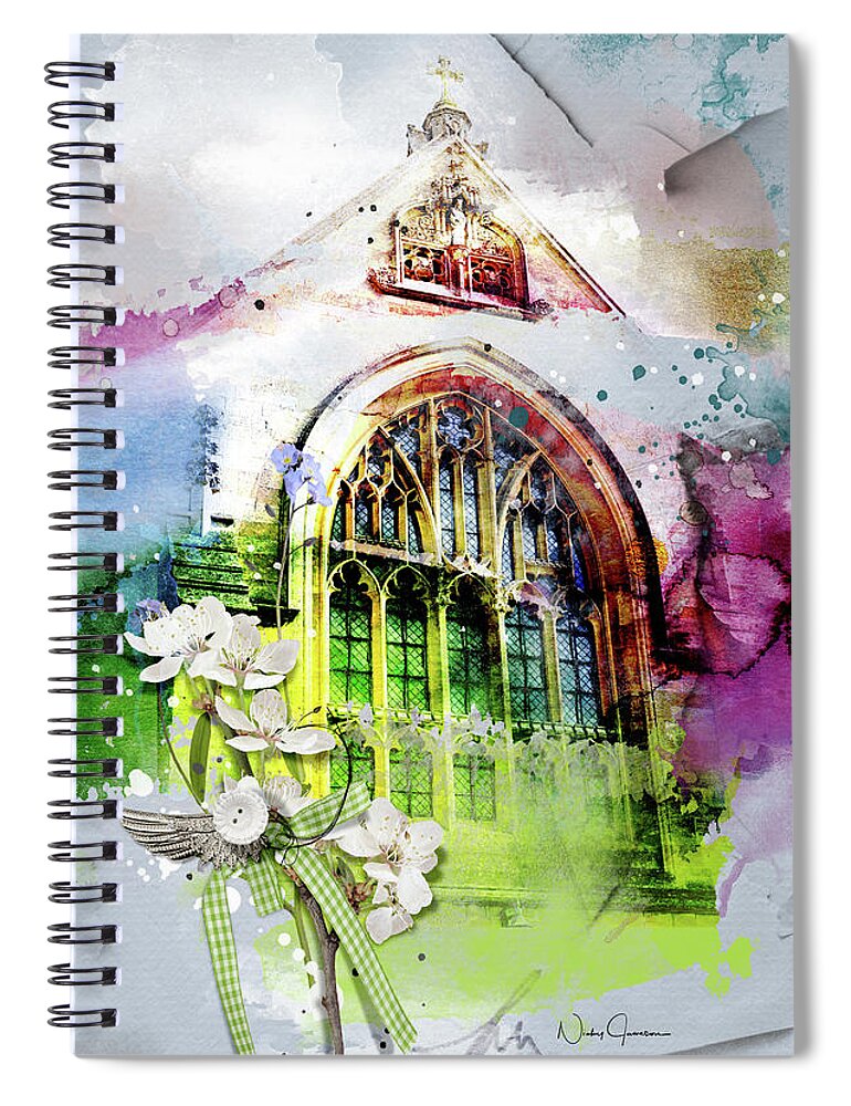 Church Churvch Spiral Notebook featuring the mixed media Peace and Love by Nicky Jameson