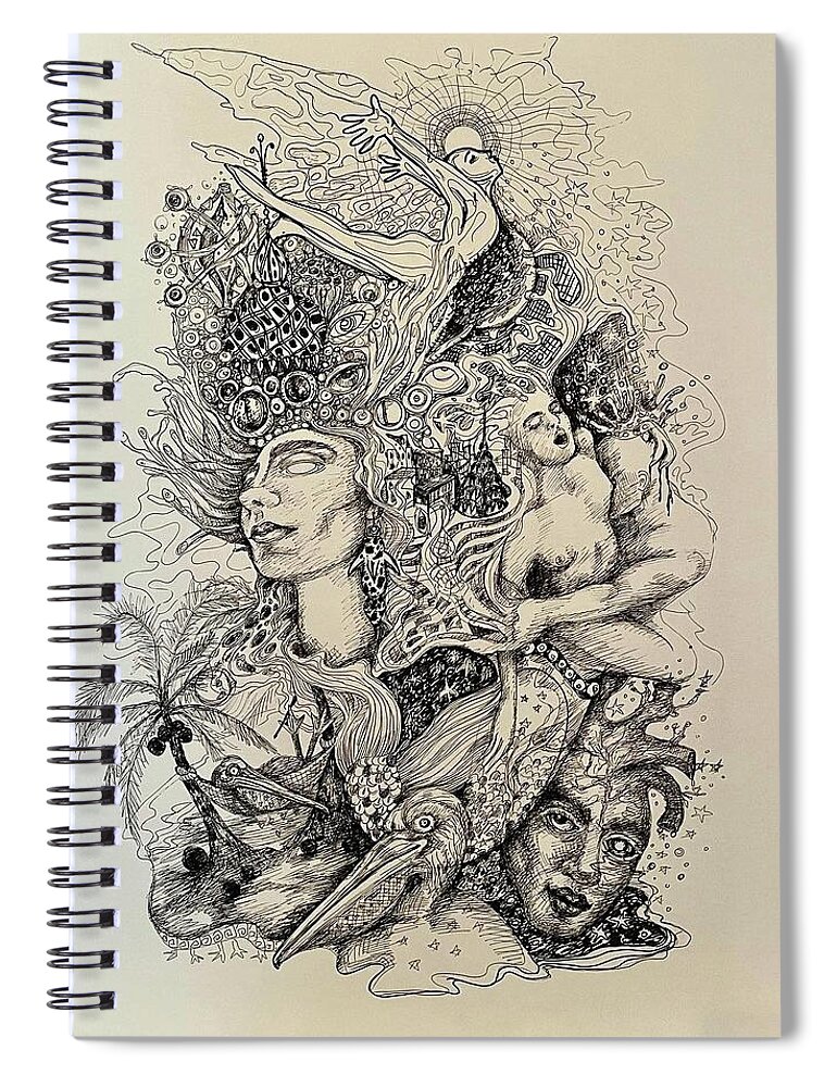 Pelican Spiral Notebook featuring the drawing Pelican Man by Yelena Tylkina