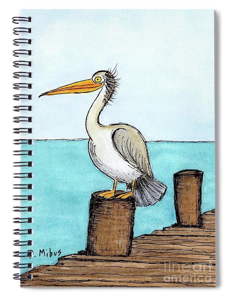 Coastal Bird Spiral Notebook featuring the painting Pelican Perched on Pier by Donna Mibus